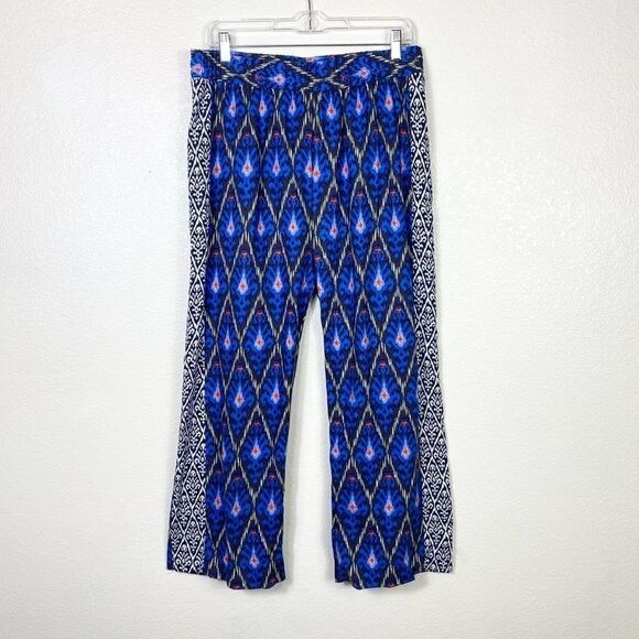 Hester & Orchard Blue Ikat Pattern Linen Blend Wide Leg Pants - Picture 1 of 5